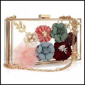 Floral Beaded Clutch Purse Elegant Clear Crossbody Bag Wedding Party Wear